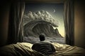 Man sitting in bed and looking at fantasy landscape Royalty Free Stock Photo