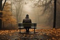 A man sitting on a bench in a foggy autumn park, rear view of a solitary person sitting on a bench in an autumn park with trees