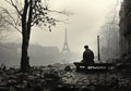 Man sitting on a bench gazing at the iconic Eiffel Tower in Paris, France, AI-generated. Royalty Free Stock Photo