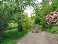 Man sitting on a bench by the lake in a garden