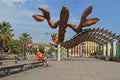 A man sitting on a bench next to a sculpture of a giant lobster on the waterfront in the old Port of Barcelona