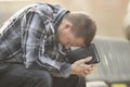 Man sitting on bench and praying with Bible Royalty Free Stock Photo