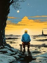 Illustration of a man sitting on a bench looking at the sunset