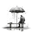 a man sitting on a bench under a red umbrella on a rainy day Royalty Free Stock Photo