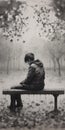 Hyperrealistic Black And White Painting: Rain Man On The Bench Royalty Free Stock Photo