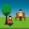 Man sitting in bench and woman park chatting with smartphone