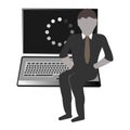 A man is sitting on a big laptop. Businessman, programmer. Opportunities of the 21st century. Vector illustration of a societyÃ¢â¬â¢s