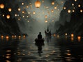 A man sitting in a boat surrounded by floating lanterns. Digital image.