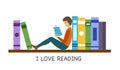 A man sitting on bookshelf and reading book. I love book. I love reading concept vector illustration on white background.