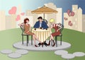 Man sitting in a cafe with beautiful women. Love Confession. Rivals. Valentine's Day. Vector illustration. Royalty Free Stock Photo