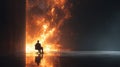 Man sitting on chair facing large fire wall in dark room with reflective floor, creating dramatic and intense atmosphere Royalty Free Stock Photo