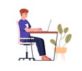 Man sitting in chair at laptop computer at desk, side view. Person at ergonomic workplace during work, study. Character