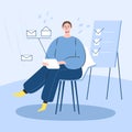 Man with tablet checking emails with planning board on background. Flat design illustration. Vector Royalty Free Stock Photo