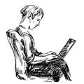 Man sitting on chair and working on computer on knees, hand drawn doodle, sketch, black and white vector Royalty Free Stock Photo