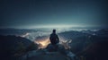 Man sitting on a cliff at night, looking at the glowing lights of a big city in the valley. Person meditating. Generative AI