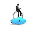 Man sitting on cloud shape lock using smart tablet