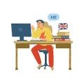 Man sitting at computer and learning English language flat vector illustration. Royalty Free Stock Photo