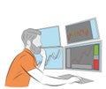 The man is sitting at the computer. many monitors. keeps track of the exchange. vector illustration.