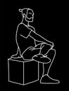 Man sitting on cube with one foot up on knee. White lines isolated on black background. Concept. Vector illustration of Royalty Free Stock Photo