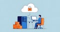 Man sitting at desk with computer and server uploading data to cloud storage Royalty Free Stock Photo