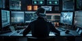 A man sitting at a desk in front of multiple computer monitors. AI generative image Royalty Free Stock Photo