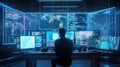 A man sitting at a desk in front of multiple computer screens. AI generative image Royalty Free Stock Photo
