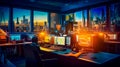 Man sitting at desk in front of two computer monitors. Generative AI Royalty Free Stock Photo