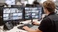 A man is sitting at a desk with two computer monitors in front of him camera security Royalty Free Stock Photo