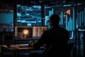 Man Sitting at Desk Working on Computer in Office Workspace Concept, data analysis digital emgineer data code programer sourcing