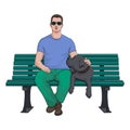 Man sitting with dog on bench on a white background. Dog breed Great Dane. Gray dog. Stock Vector Illustration. Royalty Free Stock Photo