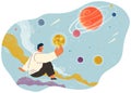 A man sitting in fantastic space holding planet with dream universe cartoon cosmic abstract scene