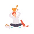 Man sitting on the floor surrounded by cats, adorable pets and their owner vector Illustration on a white background