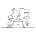 Man Sitting in Front of Computer, Hacker, Remote Work, Computer Programming Line Vector Icon on White Background Royalty Free Stock Photo