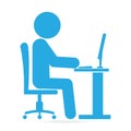 Man sitting front of computer on work table blue icon Royalty Free Stock Photo