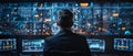 Man sitting in front of multiple computer screens displaying data and analytics in a high-tech control room, emphasizing Royalty Free Stock Photo