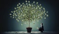 Photo of a man sitting in front of a potted plant filled with money Royalty Free Stock Photo