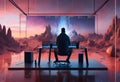 a man is sitting in front of a screen showing a scene from starcraft Royalty Free Stock Photo