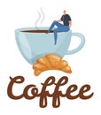 Man sitting giant coffee cup next croissant. Relaxing coffee break concept calm male figure Royalty Free Stock Photo