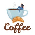 Man sitting on a giant coffee cup next to a croissant. Relaxing coffee break concept with a calm male figure. Enjoying Royalty Free Stock Photo