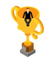 Man sitting on golden cup. Top manager took first place. Businessman and reward. Golden goblet. Achievement reward. vector