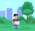 Man sitting on grass in the park and working on laptop. Guy spends time outdoors vector illustration Royalty Free Stock Photo