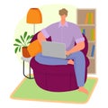 Man sitting home armchair surf internet laptop, online modern life remote freelander work flat vector illustration Royalty Free Stock Photo