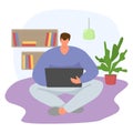 Man sitting home surf internet with gadget tablet, online modern life, remote freelander work flat vector illustration Royalty Free Stock Photo