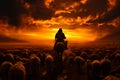 Man sitting on a horse his back to camera. Shepherd herding numerous sheep in the field at sunset. Generative AI Royalty Free Stock Photo