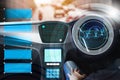 Man sitting internal view, Display screen and automatic self driving.Electric smart car technology Royalty Free Stock Photo
