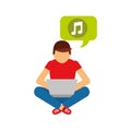 Man sitting with laptop listening music