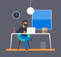 Man is sitting legs crossed and typing something on the laptop. Business concept office work. Modern vector illustration flat