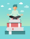 Man sitting lotus pose on stack of books with bookmarks. Self education and self control vector illustration Royalty Free Stock Photo