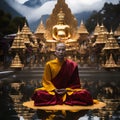 A man sitting in a lotus position in front of a golden buddha statue.