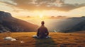 Man sitting in lotus position on top of mountain and looking at sunset. Generative AI Royalty Free Stock Photo